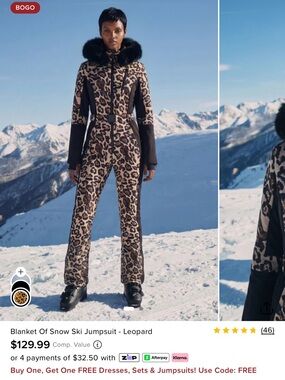 Fashion NOVA Leopard Print Ski Jumpsuit with Black Fur Hood - NWT size L